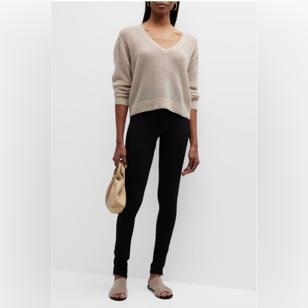 ATM Open Stitch V-neck Cashmere Sweater In Beach Pebble Size Large.